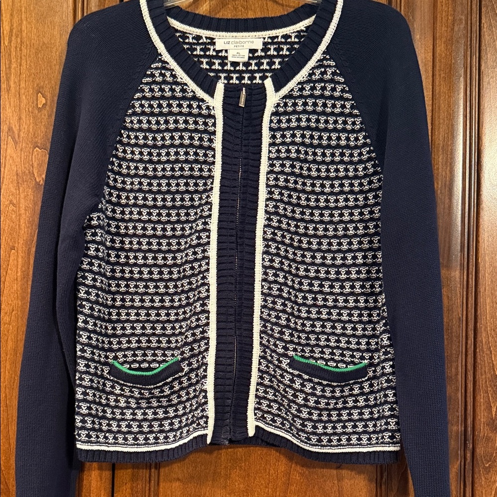 Liz Claiborne Navy and White zipper front Cardigan with Green Trimmed pockets